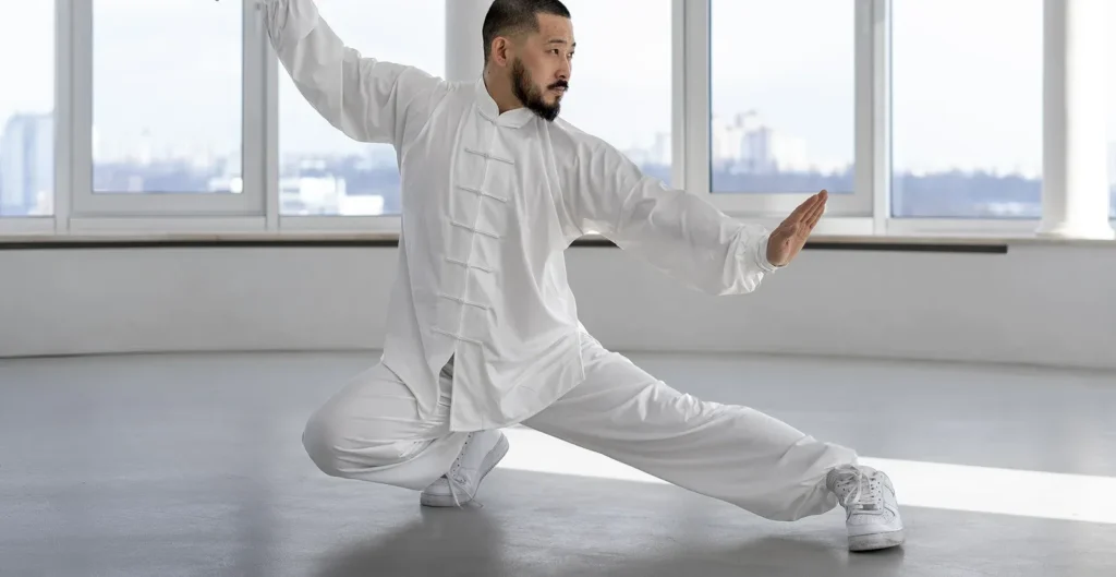 גבר עם זקן לבוש בבגדי טאי צ'י לבנים מסורתיים מבצע תנועת אמנות לחימה בסטודיו מואר. הוא נמצא בתנוחה נמוכה עם רגל אחת מושטת הצידה, יד אחת מורמת ויד שנייה מושטת קדימה, על רקע חלונות גדולים המשקיפים לנוף עירוני.
