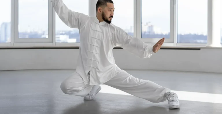 גבר עם זקן לבוש בבגדי טאי צ'י לבנים מסורתיים מבצע תנועת אמנות לחימה בסטודיו מואר. הוא נמצא בתנוחה נמוכה עם רגל אחת מושטת הצידה, יד אחת מורמת ויד שנייה מושטת קדימה, על רקע חלונות גדולים המשקיפים לנוף עירוני.